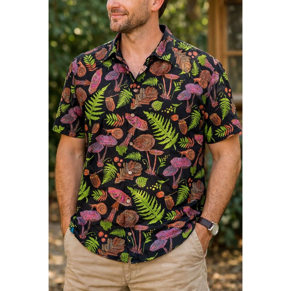 Mushroom Unisex Button Front Aloha Denim & Flower Vtg Shirt Botanical Kava 3XL